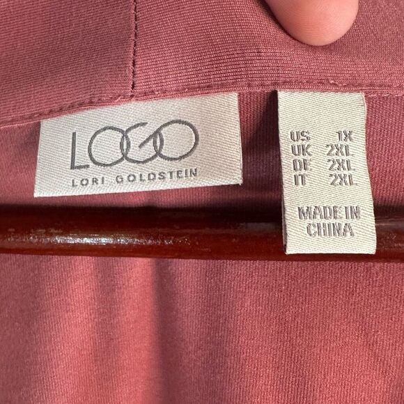 LOGO Lori Goldstein Rose Pink Jersey Cardigan Women’s 1X Mixed Media Lace Back - Picture 5 of 10